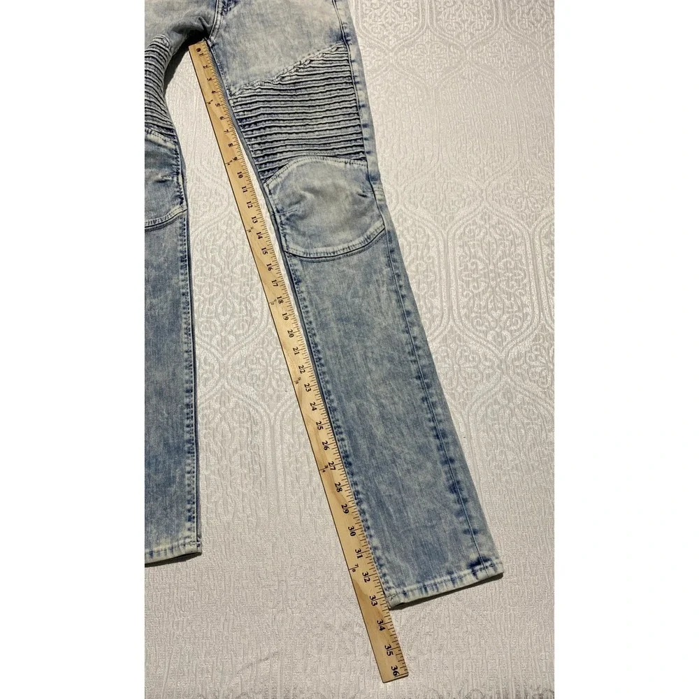 True Religion Pleated Moto Skinny Jeans Light Acid Wash Blue‎ Size 27